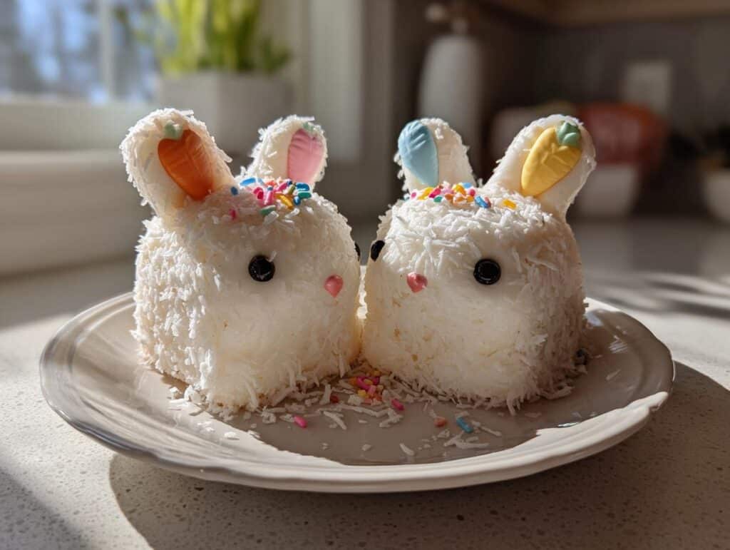 Two homemade easy bunny cakes for Easter, decorated with coconut flakes, sprinkles, and candy carrots on a plate.