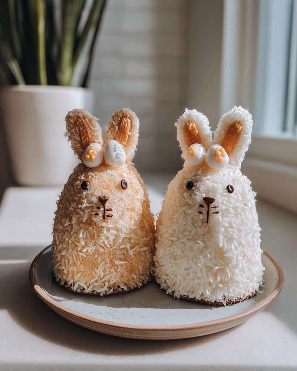 Fail-Proof Easy Bunny Cakes For Easter: A Joyful Recipe 6 Two easy bunny cakes for Easter, decorated with coconut flakes, bunny ears, and faces, sitting on a plate.