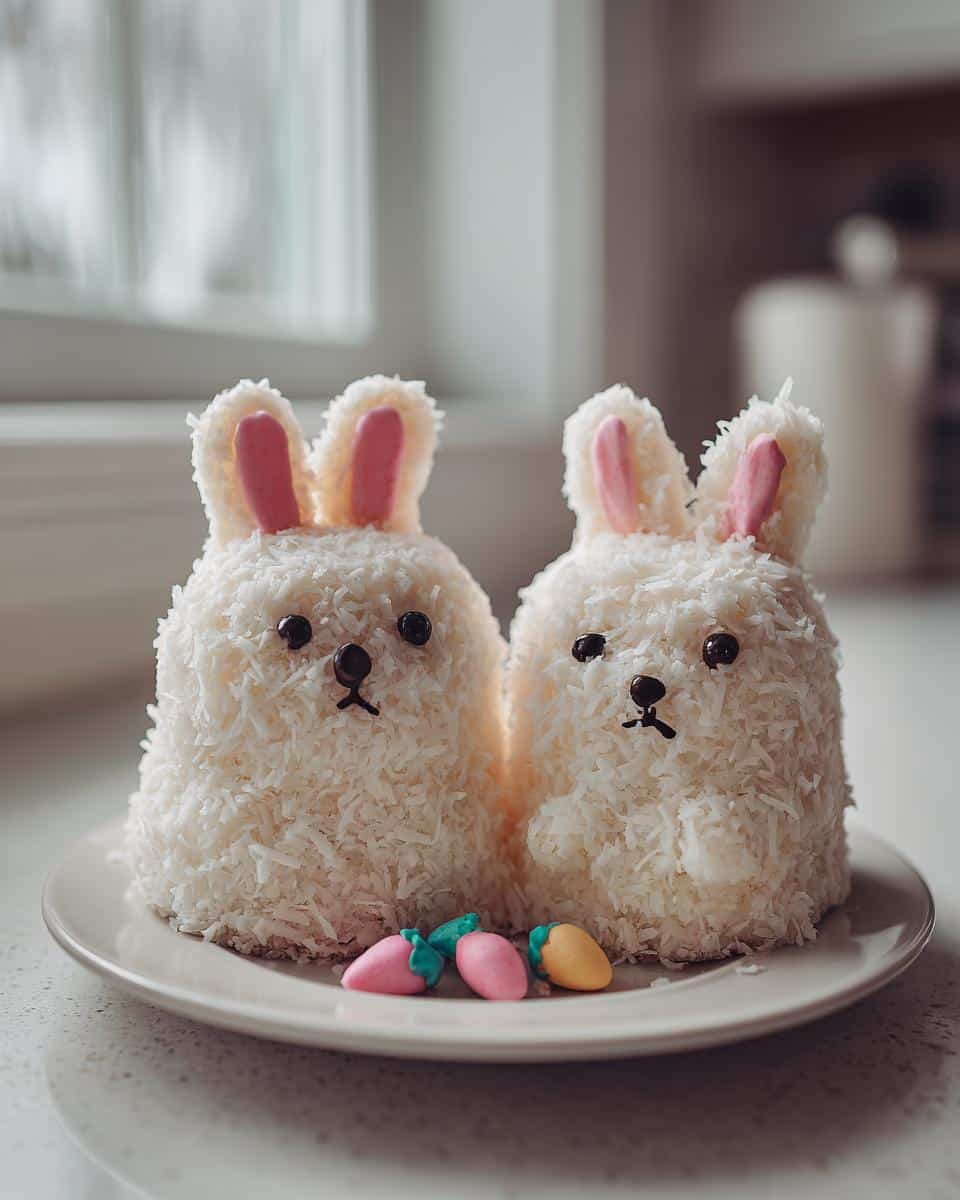 Fail-Proof Easy Bunny Cakes For Easter: A Joyful Recipe 7 Two easy bunny cakes for easter, decorated with coconut flakes and candy carrots, sitting on a white plate.