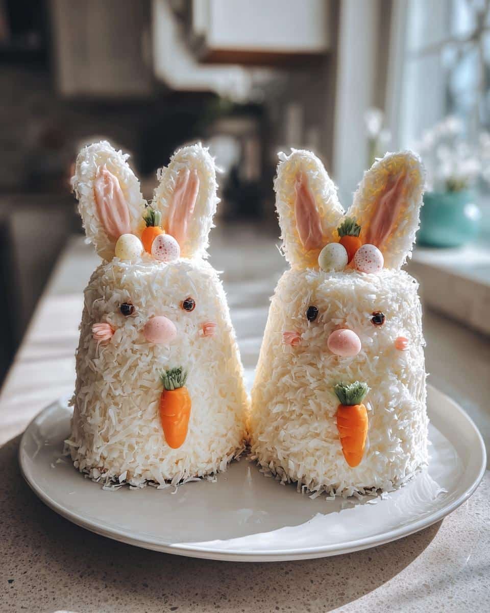 Fail-Proof Easy Bunny Cakes For Easter: A Joyful Recipe 8 Two easy bunny cakes for Easter, decorated with coconut flakes, candy carrots, and bunny ears, sitting on a white plate.