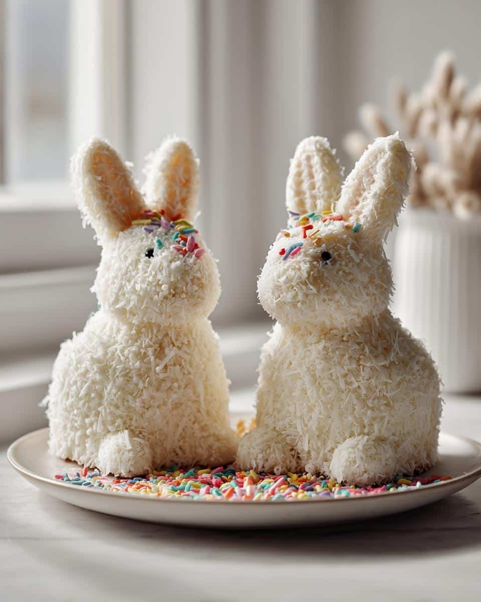 Fail-Proof Easy Bunny Cakes For Easter: A Joyful Recipe 9 Two easy bunny cakes for Easter, covered in coconut flakes and colorful sprinkles, sitting on a plate.