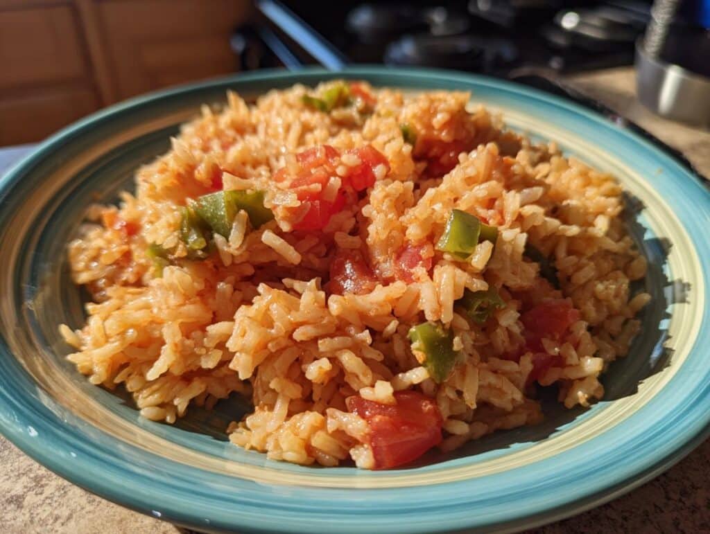 Close-up of easy Mexican rice recipe rotel served on a blue and yellow plate, garnished with tomatoes and green peppers.