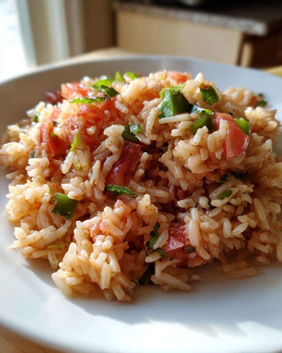 Easy Mexican Rice Recipe Rotel: Ridiculously Good 8 Close-up of easy Mexican rice recipe rotel on a white plate, garnished with fresh herbs and diced tomatoes.