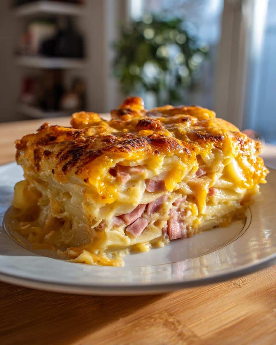 Easy Scalloped Potatoes and Ham Recipe: Deliciously Simple 6 A slice of easy scalloped potatoes and ham recipe, showcasing layers of potatoes, ham, and a golden-brown cheesy topping.
