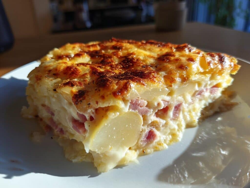 A slice of easy scalloped potatoes and ham recipe, showcasing layers of potatoes, ham, and creamy sauce.