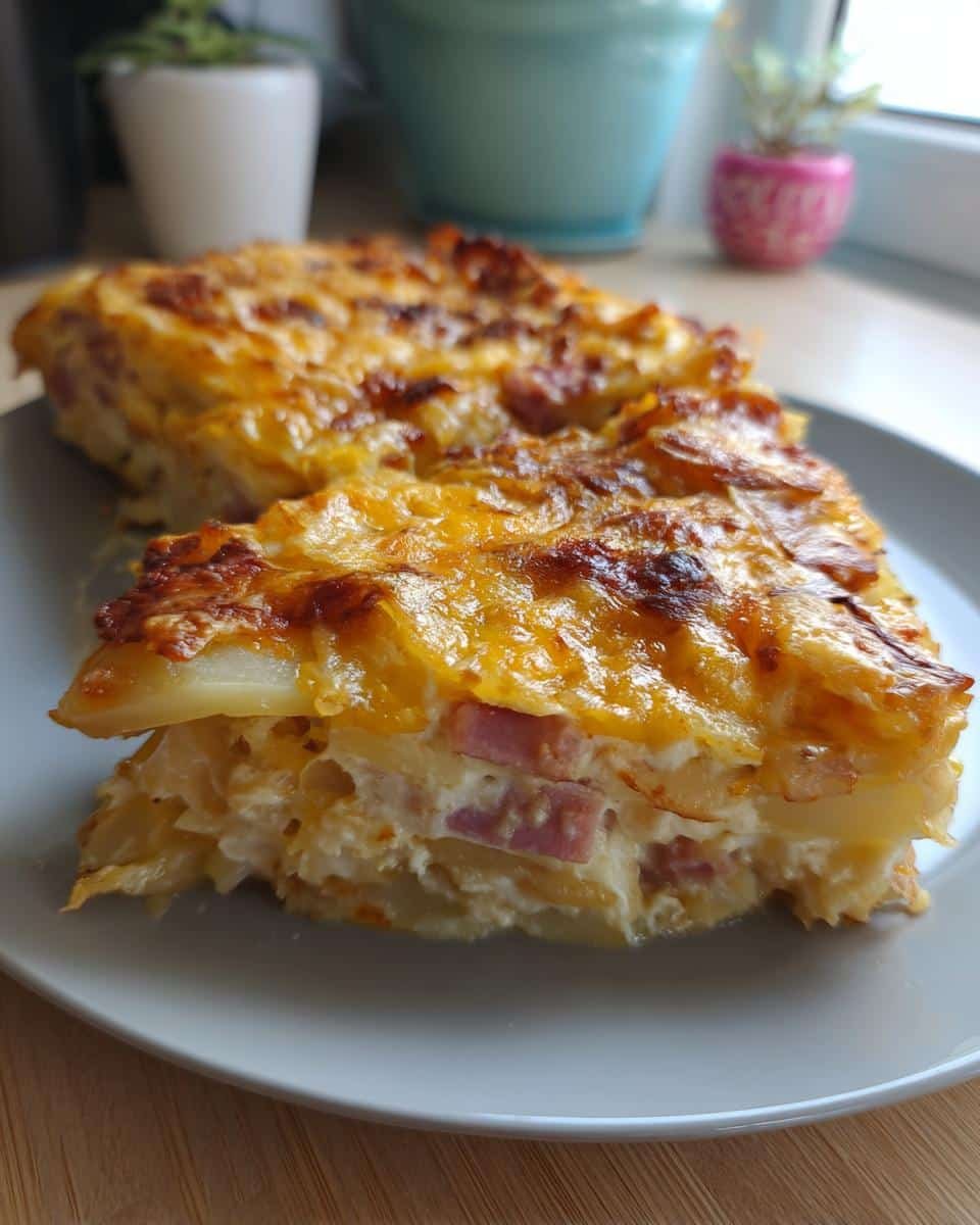 Easy Scalloped Potatoes and Ham Recipe: Deliciously Simple 8 A slice of easy scalloped potatoes and ham recipe with a golden, cheesy top on a plate.
