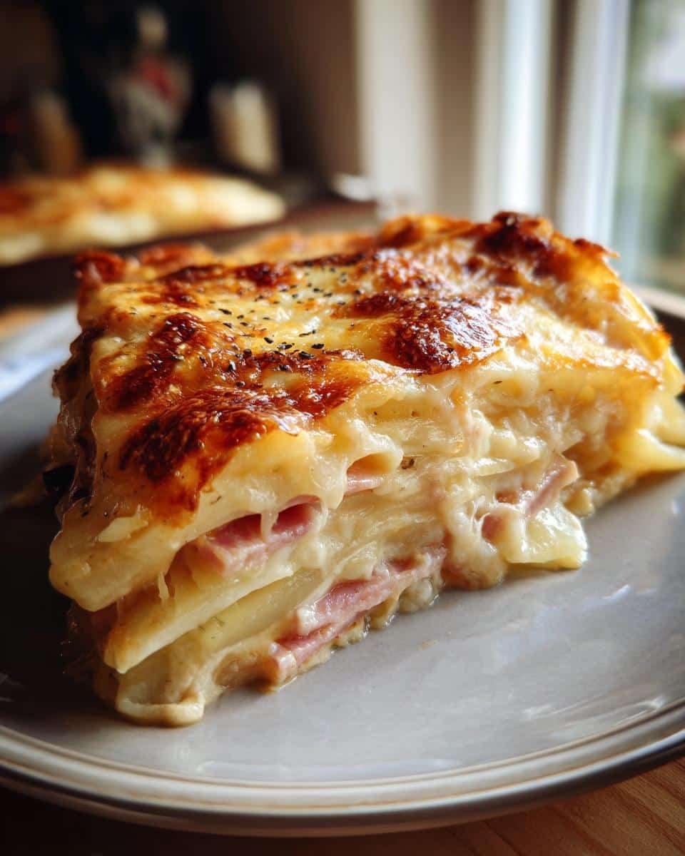 Easy Scalloped Potatoes and Ham Recipe: Deliciously Simple 9 A delicious slice of easy scalloped potatoes and ham recipe, showcasing layers of potatoes, ham, and a golden, cheesy topping.