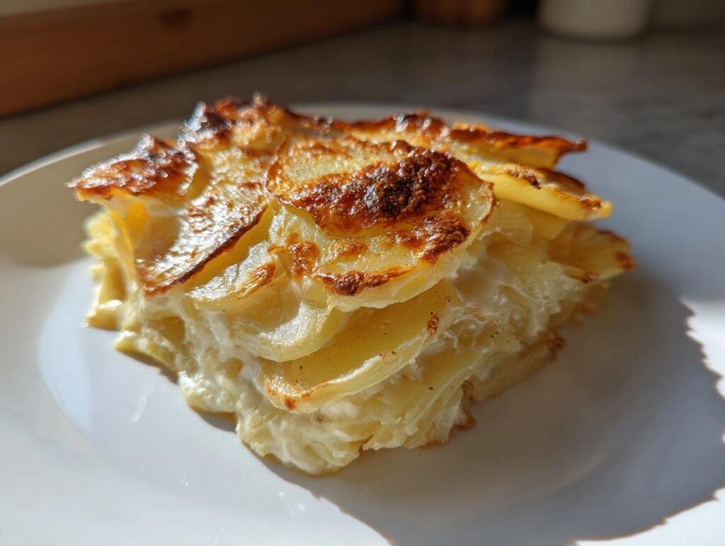 A serving of easy scalloped potatoes made with milk, featuring golden brown potato slices on a white plate.