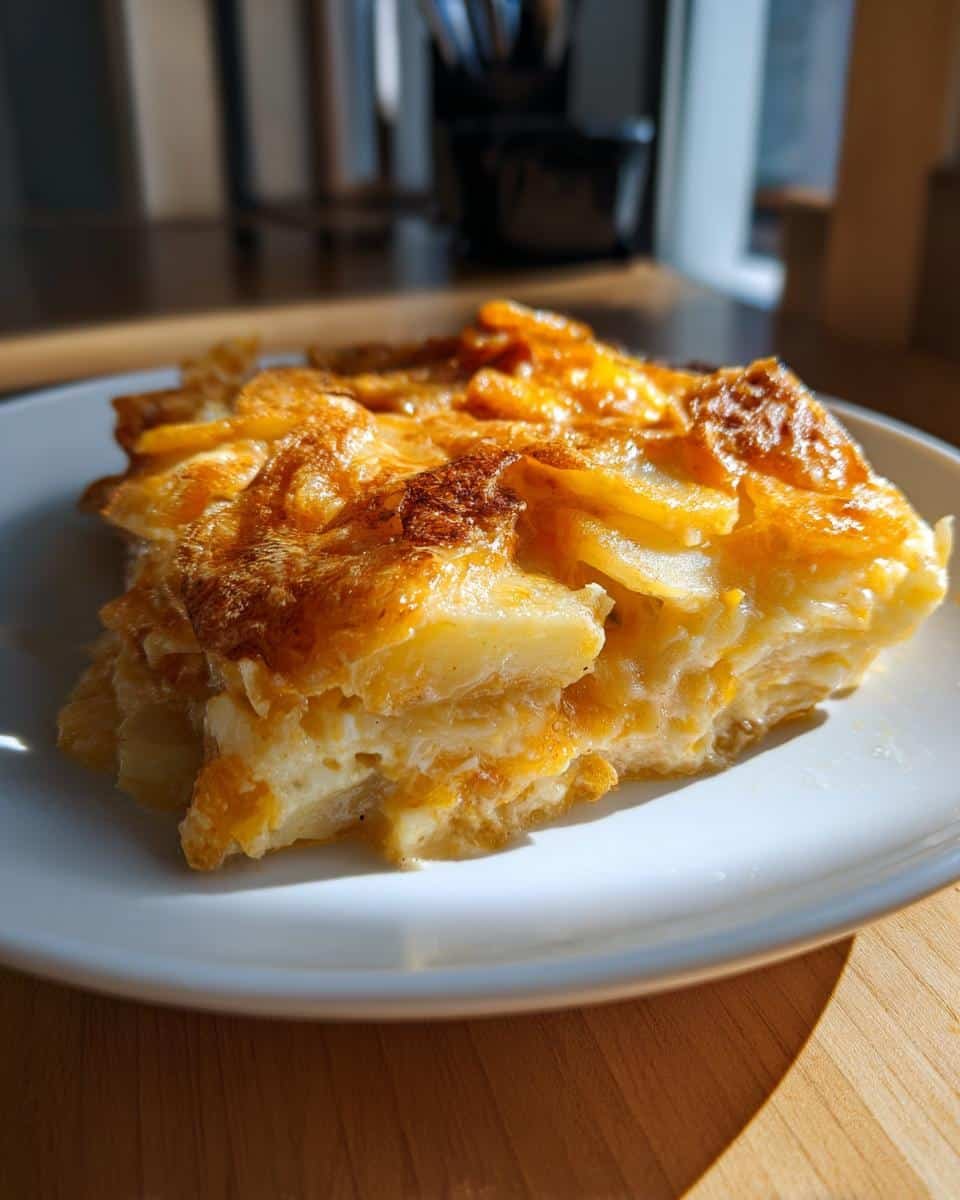 Easy Scalloped Potatoes Made With Milk: 6 Ingredients 6 A slice of easy scalloped potatoes made with milk, showcasing the creamy texture and golden-brown top.