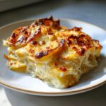 A slice of easy scalloped potatoes made with milk, showcasing golden-brown potato layers and creamy sauce.