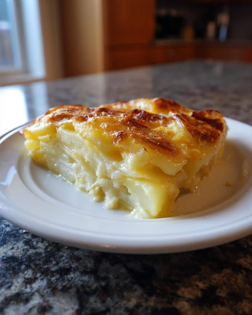 Easy Scalloped Potatoes Made With Milk: 6 Ingredients 7 A slice of easy scalloped potatoes made with milk on a white plate, showing layers of potatoes and creamy sauce.