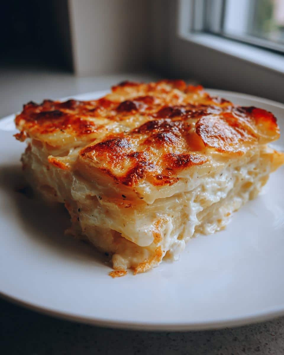 Easy Scalloped Potatoes Made With Milk: 6 Ingredients 8 A slice of easy scalloped potatoes made with milk, showcasing the creamy layers and golden-brown top.
