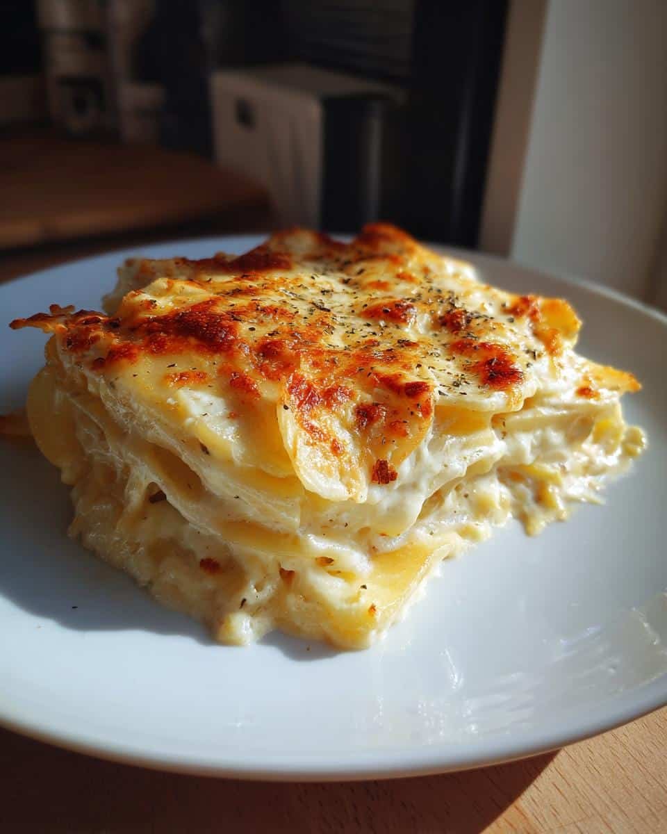 Easy Scalloped Potatoes Made With Milk: 6 Ingredients 9 A slice of easy scalloped potatoes made with milk, showcasing creamy layers and a golden-brown top.