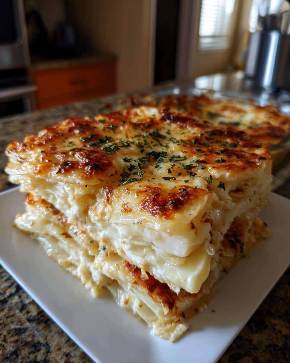 Easy Scalloped Potatoes Recipe With Milk: 1 Sinful Hour 9 A slice of easy scalloped potatoes recipe with milk, showcasing layers of creamy potatoes and a golden-brown top.