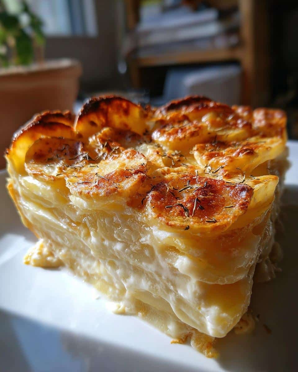 Easy Scalloped Potatoes Recipe With Milk: 1 Sinful Hour 8 A slice of easy scalloped potatoes recipe with milk, showing creamy layers and a golden-brown top.