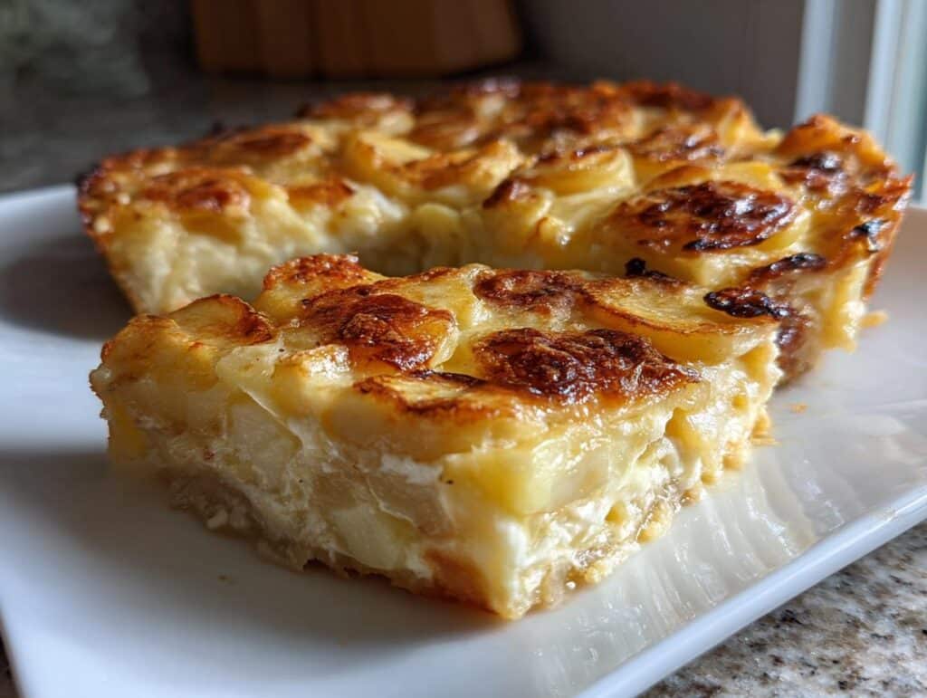 A slice of easy scalloped potatoes recipe with milk, showcasing the creamy texture and golden-brown top.