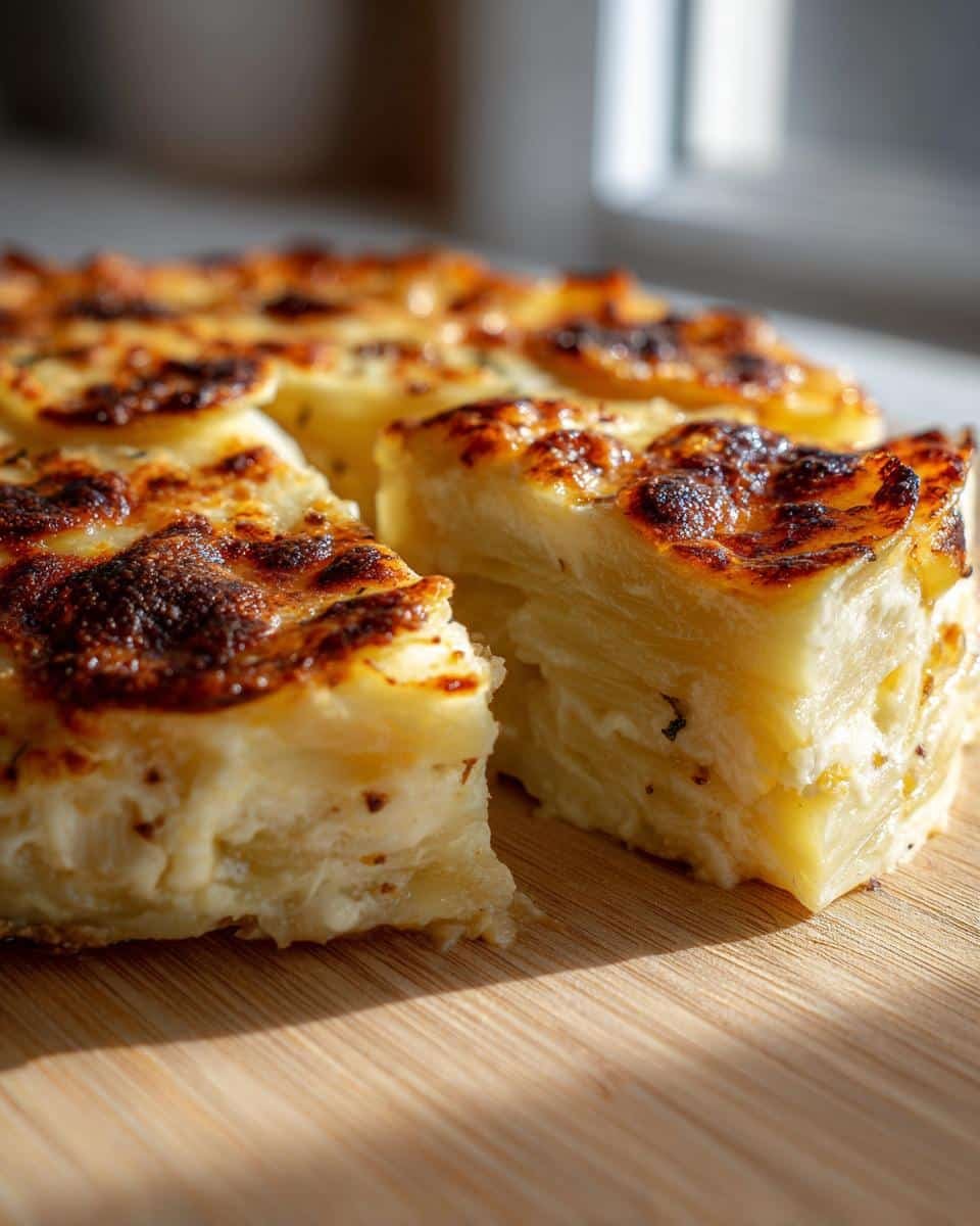 Easy Scalloped Potatoes Recipe With Milk: 1 Sinful Hour 6 Close-up of easy scalloped potatoes recipe with milk, showing layers of potatoes and a golden-brown crust.