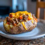 A loaded easy shepherds pie baked potato on a plate, topped with meat, vegetables, and melted cheese.