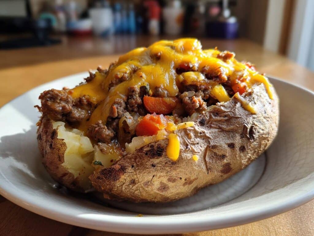 A close-up of an easy shepherds pie baked potato topped with melted cheese and savory meat filling.