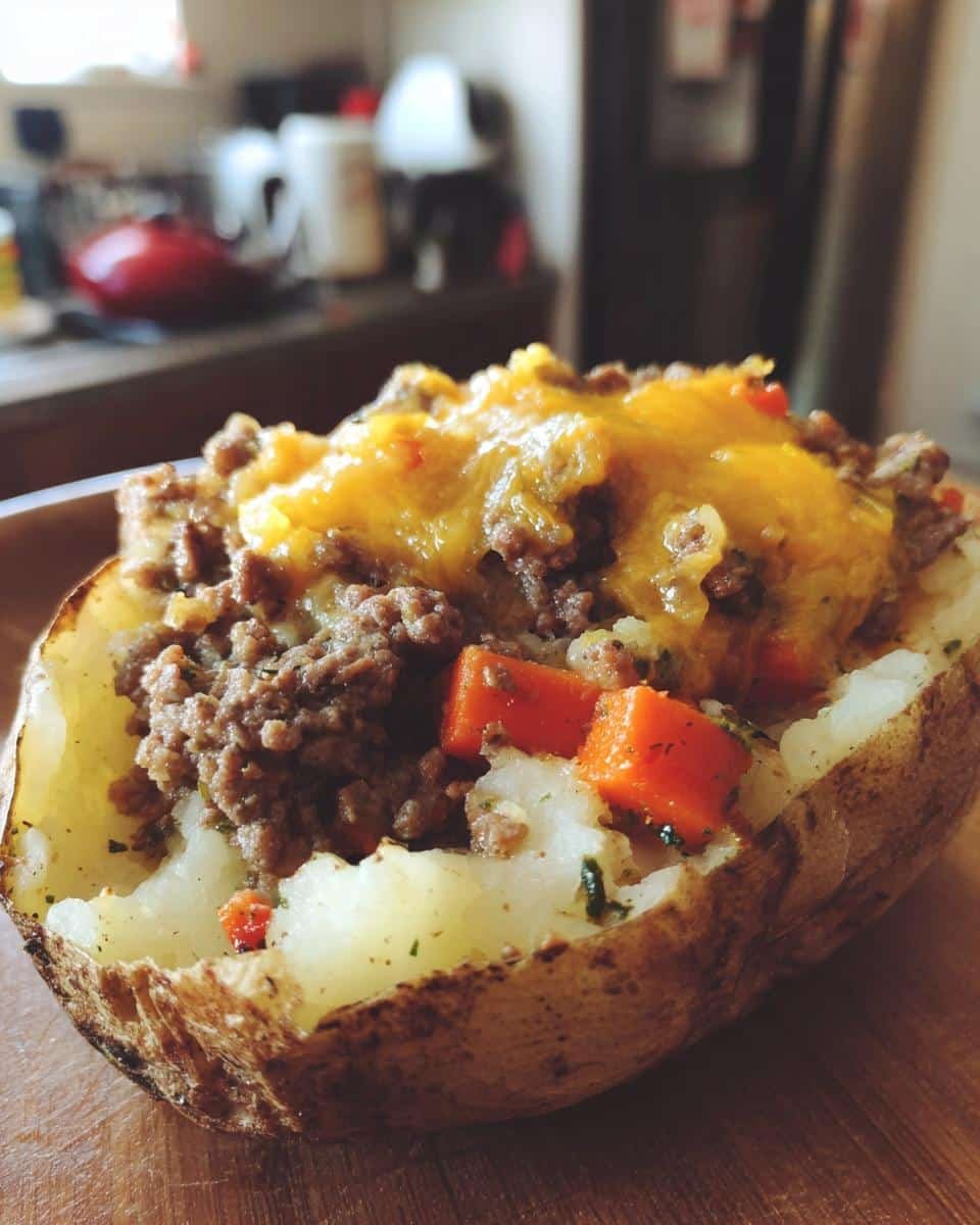Devour 2 Easy Shepherds Pie Baked Potato With Zero Guilt 7 A loaded easy shepherds pie baked potato with ground meat, carrots, and melted cheese on a wooden board.