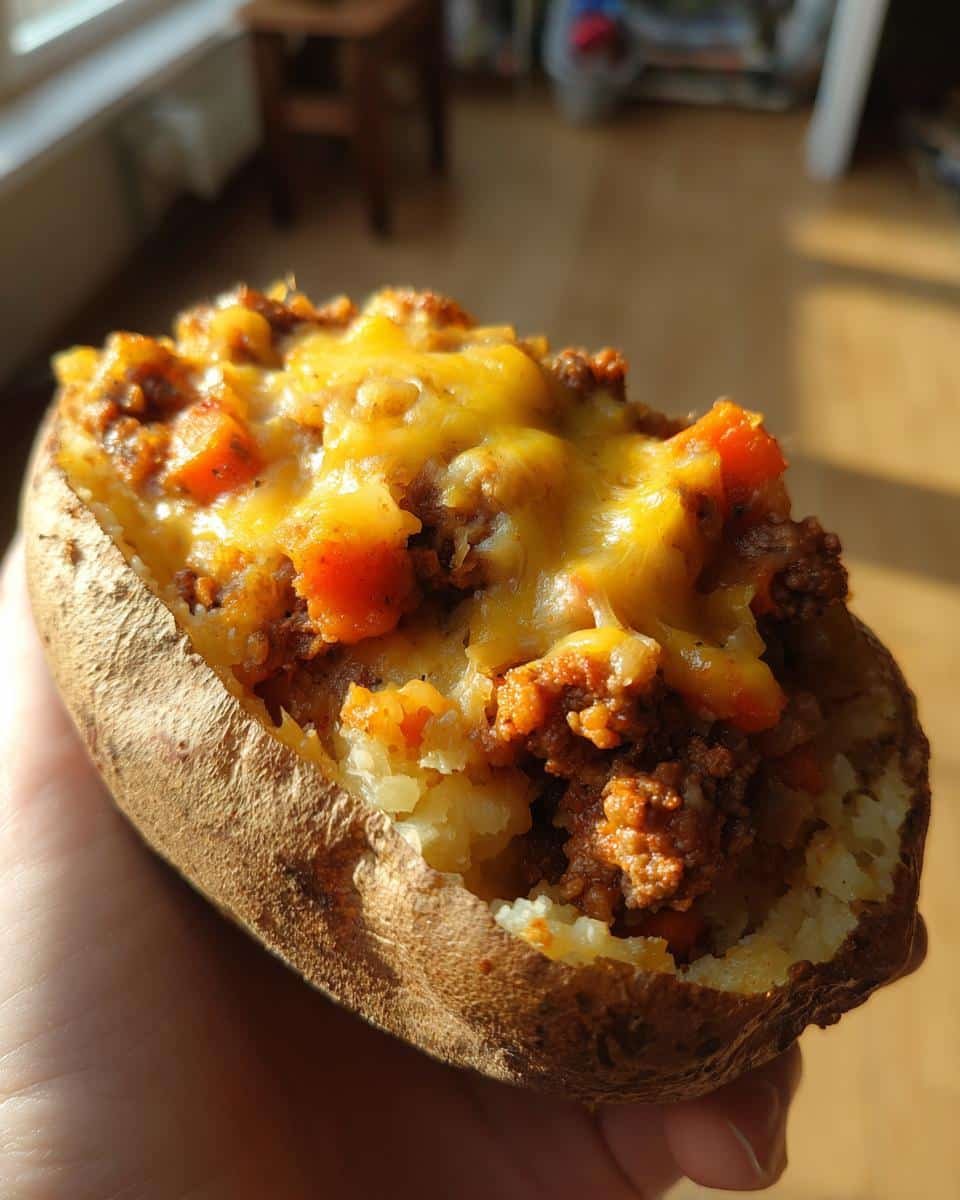 Devour 2 Easy Shepherds Pie Baked Potato With Zero Guilt 8 A close-up of an easy shepherds pie baked potato, filled with meat, vegetables, and melted cheese.