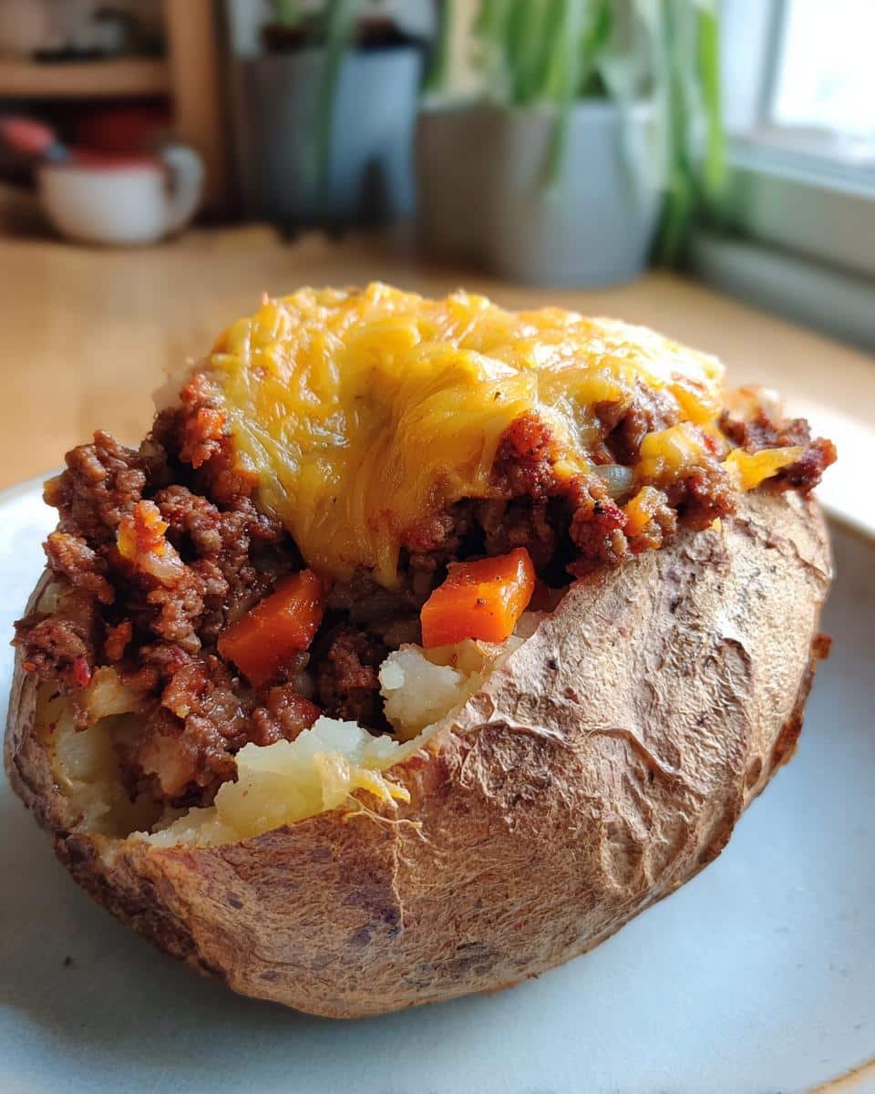Devour 2 Easy Shepherds Pie Baked Potato With Zero Guilt 9 A loaded easy shepherds pie baked potato with ground meat, vegetables, and melted cheese on a plate.