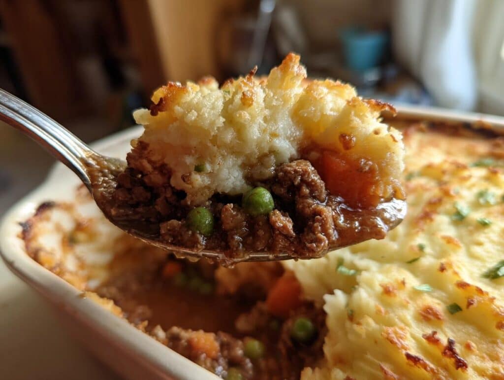 Spoonful of easy shepherds pie recipe gravy, showing the layers of mashed potato, meat, and vegetables.