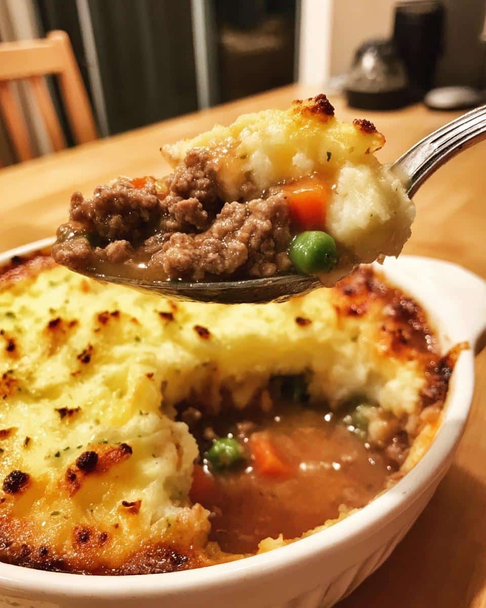 Easy Shepherds Pie Recipe Gravy: 1 Unforgivable Mistake 8 Spoonful of easy shepherds pie recipe gravy with meat and vegetables over a casserole dish.