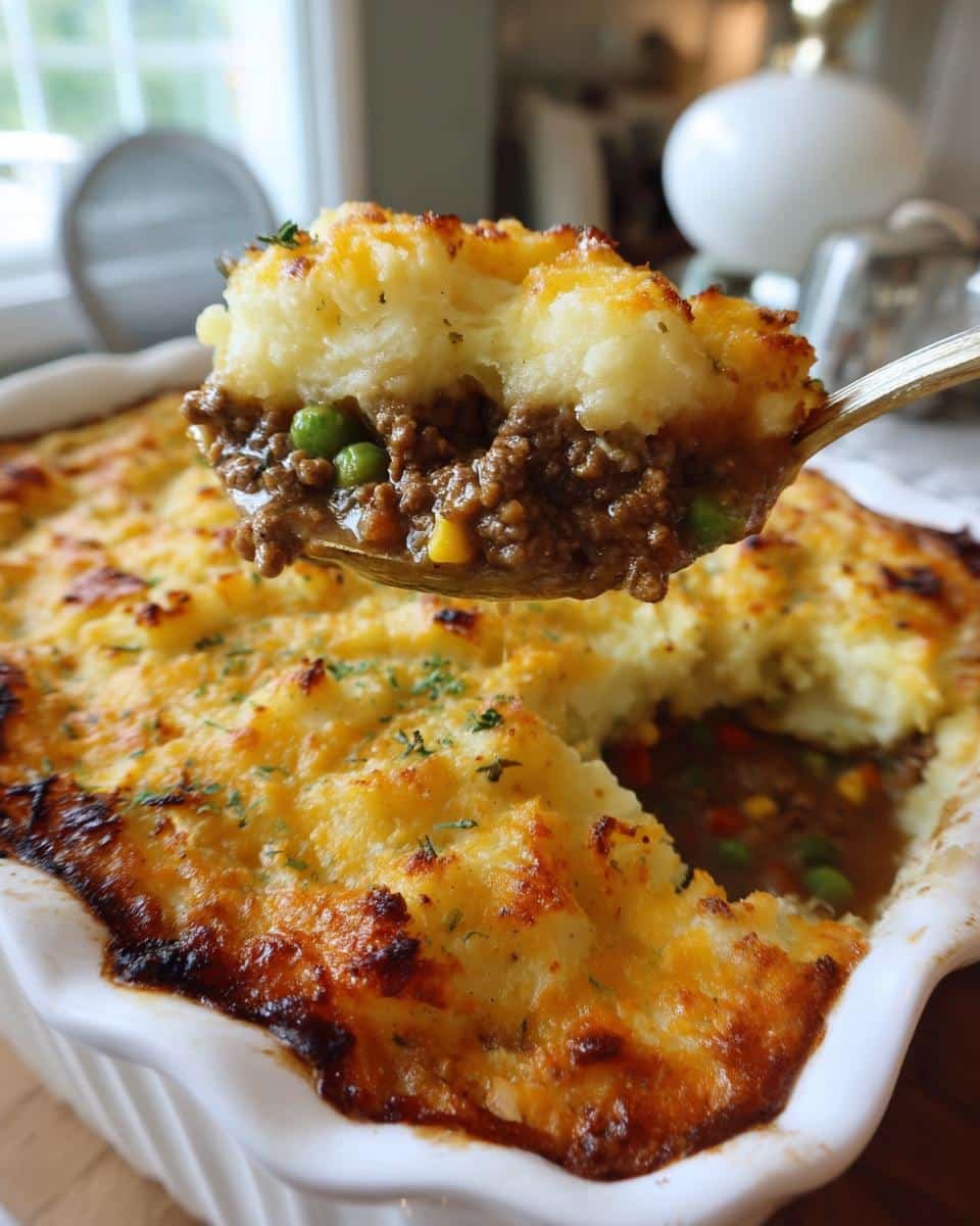 Easy Shepherds Pie Recipe Gravy: 1 Unforgivable Mistake 7 Spoonful of easy shepherds pie recipe gravy, showing the meat, vegetables, and mashed potato topping.