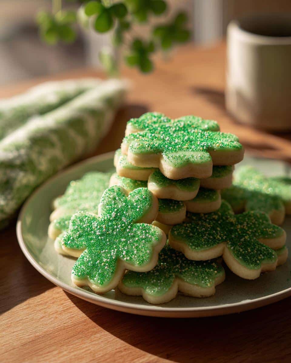 Easy St. Patricks Day Cookies: 1-Hour Lucky Recipe 8 A stack of easy St. Patricks Day cookies shaped like shamrocks, decorated with green frosting and sprinkles.