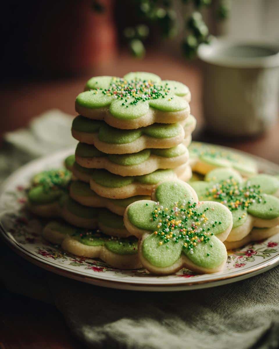 Easy St. Patricks Day Cookies: 1-Hour Lucky Recipe 7 A stack of easy St. Patricks Day cookies shaped like shamrocks, decorated with green icing and colorful sprinkles.