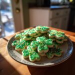 A plate piled high with easy St. Patricks Day cookies, shaped like shamrocks and decorated with green icing and sprinkles.