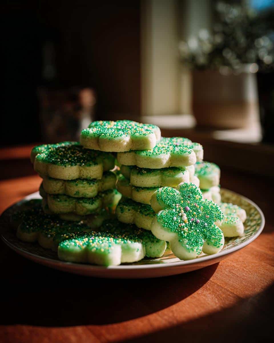 Easy St. Patricks Day Cookies: 1-Hour Lucky Recipe 9 A stack of clover-shaped easy st. patricks day cookies with green frosting and colorful sprinkles on a plate.