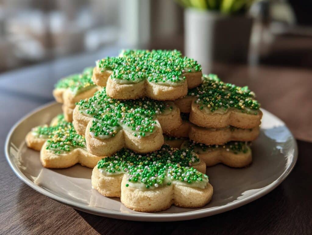 A stack of easy St. Patricks Day cookies shaped like shamrocks, frosted with green sprinkles on a plate.