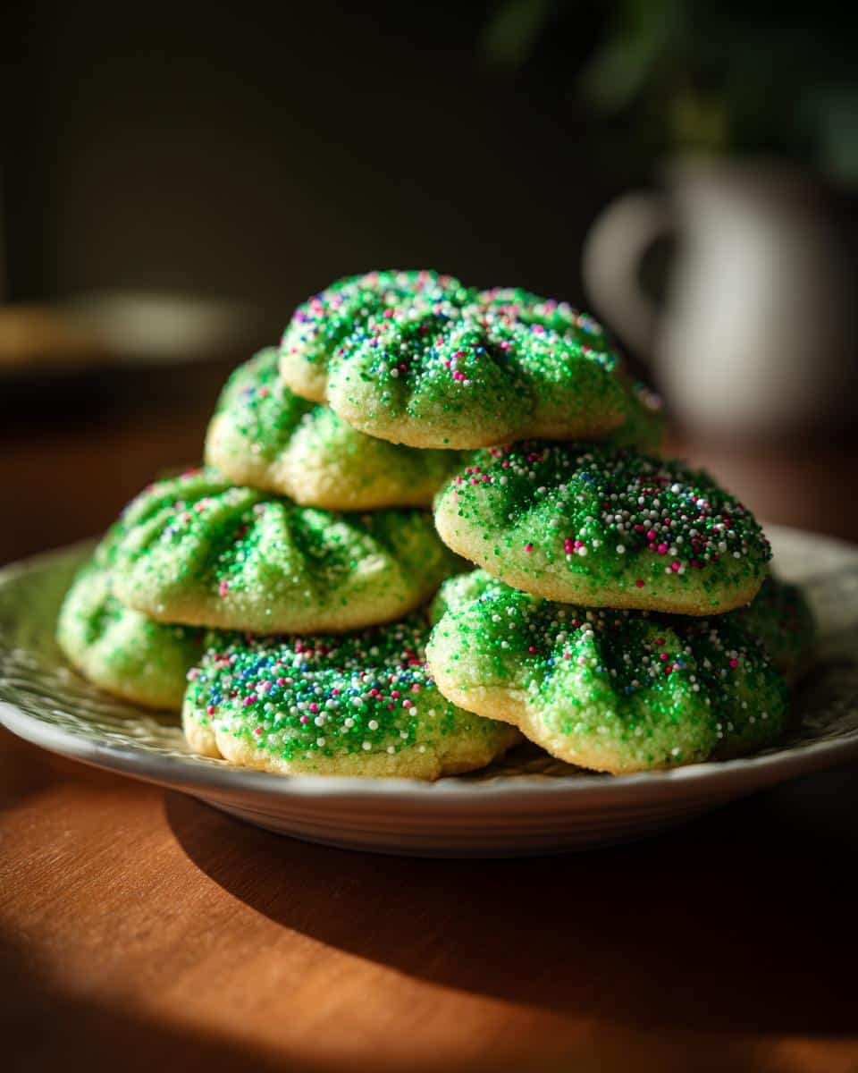 Easy St. Patricks Day Cookies: 1-Hour Lucky Recipe 6 A stack of easy St. Patricks Day cookies, green and covered in colorful sprinkles, on a plate.
