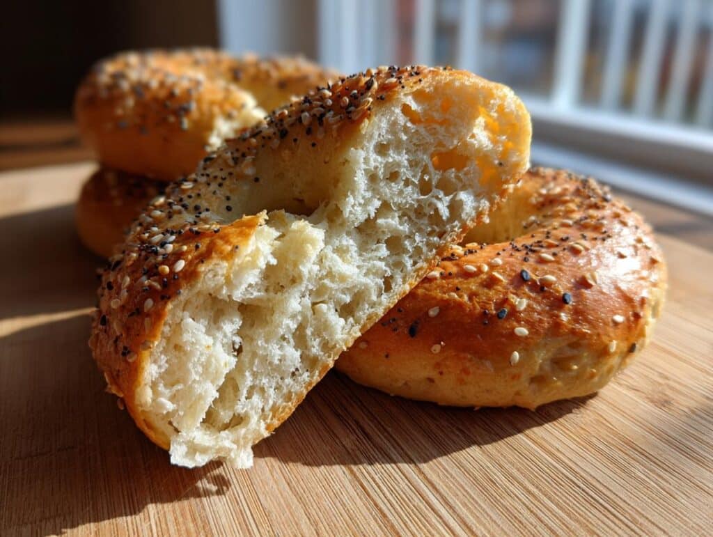 Close-up of a halved everything bagel on a wooden board, showcasing its texture and seasoning.