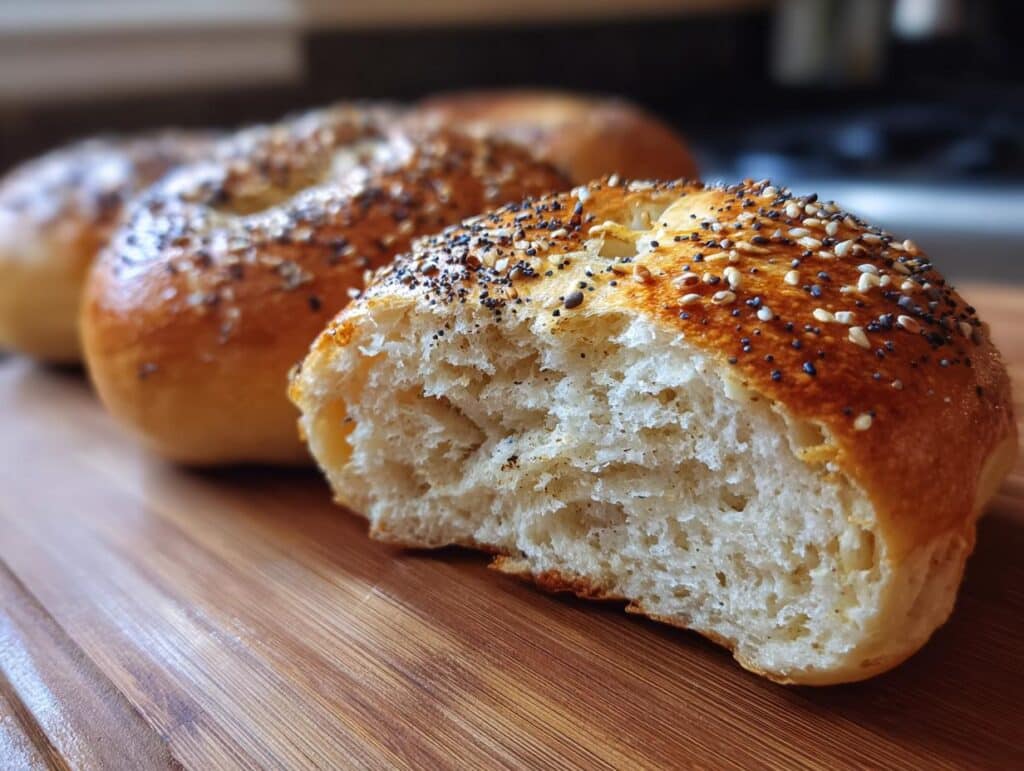 An everything bagel, not creamy blueberry cheesecake protein bites, cut in half on a wooden board.