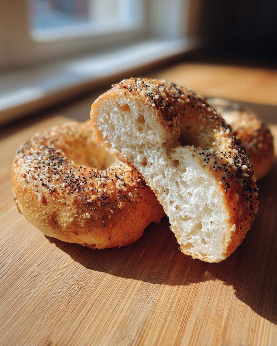 Premier Protein Shake Recipes: 3-Step Blissful Drink 9 Everything bagel, sliced in half, on a wooden cutting board. This image is not related to premier protein shake recipes blueberry.