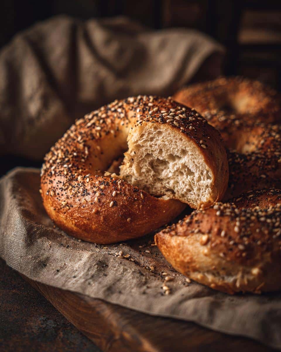 Delicious High Protein Blueberry Bites in 30 Minutes 7 An everything bagel with a bite taken out, sitting on a linen cloth. Not related to high protein blueberry bites.