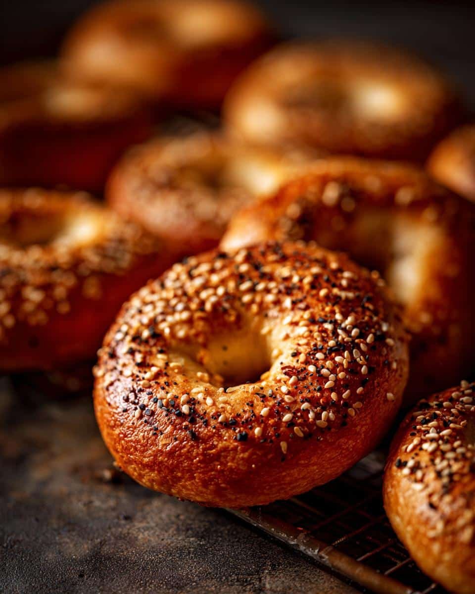 Delicious Blueberry Smoothie Protein: 5 Minute Power 7 Close-up of everything bagels on a wire rack. The bagels are golden brown and covered in sesame seeds, poppy seeds, and garlic.