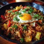 Close-up of fried rice with a fried egg on top, featuring chicken, pineapple, peppers, and herbs.