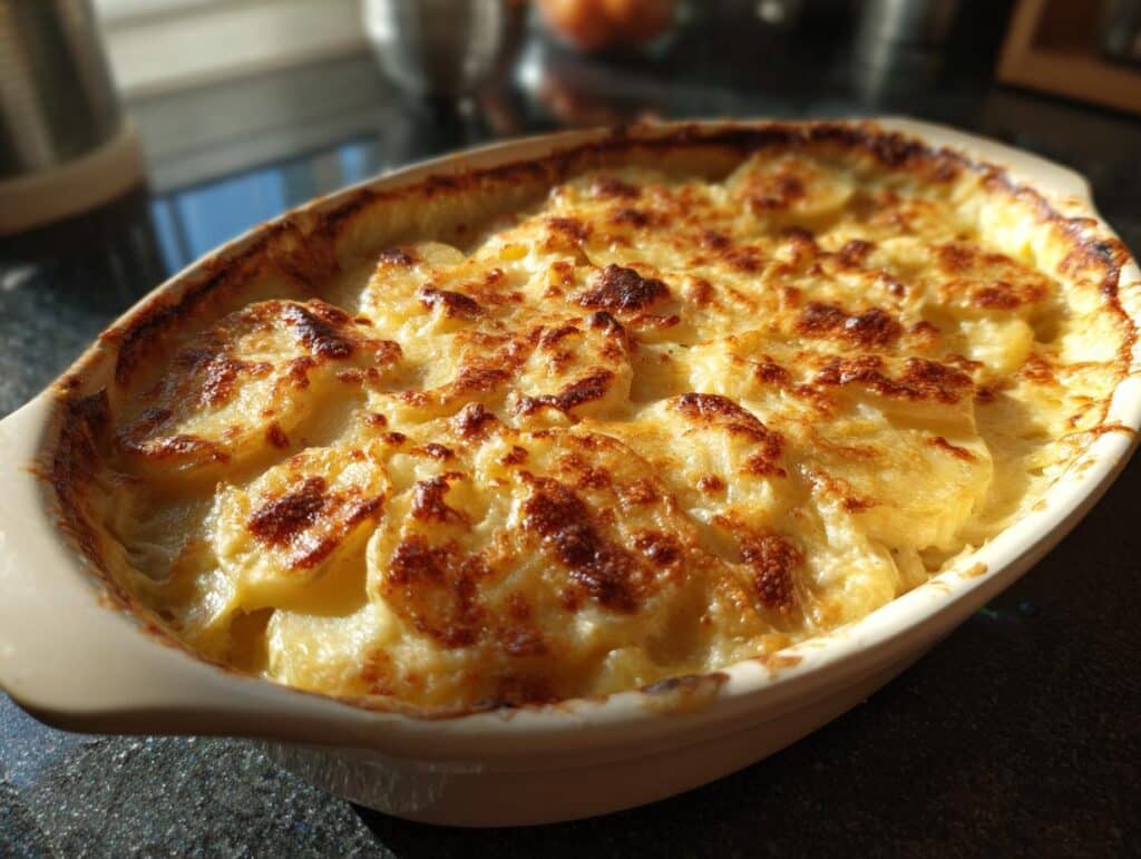 Baked German potato casserole in a cream-colored baking dish, golden brown and bubbly on top.