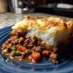 A slice of healthy shepherds pie recipe easy, featuring layers of ground meat, vegetables, and mashed potato topping.