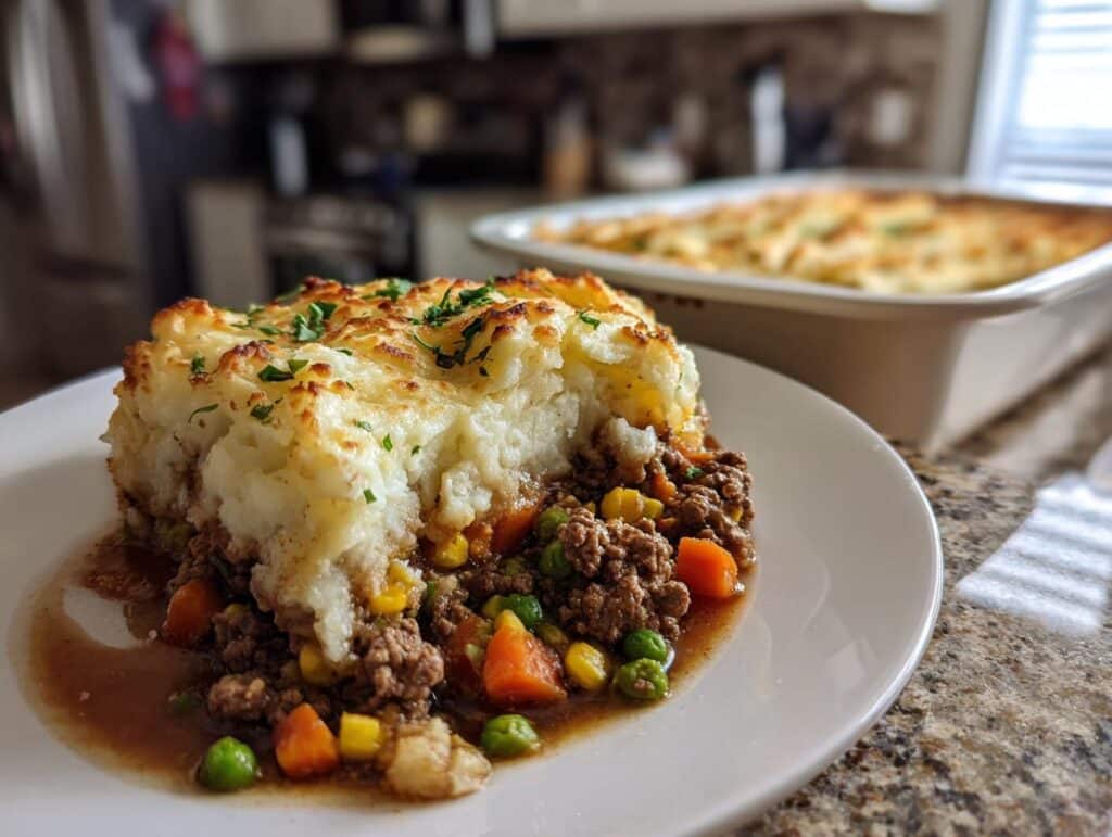 A slice of healthy shepherds pie recipe easy, featuring a meat and vegetable base topped with mashed potatoes.