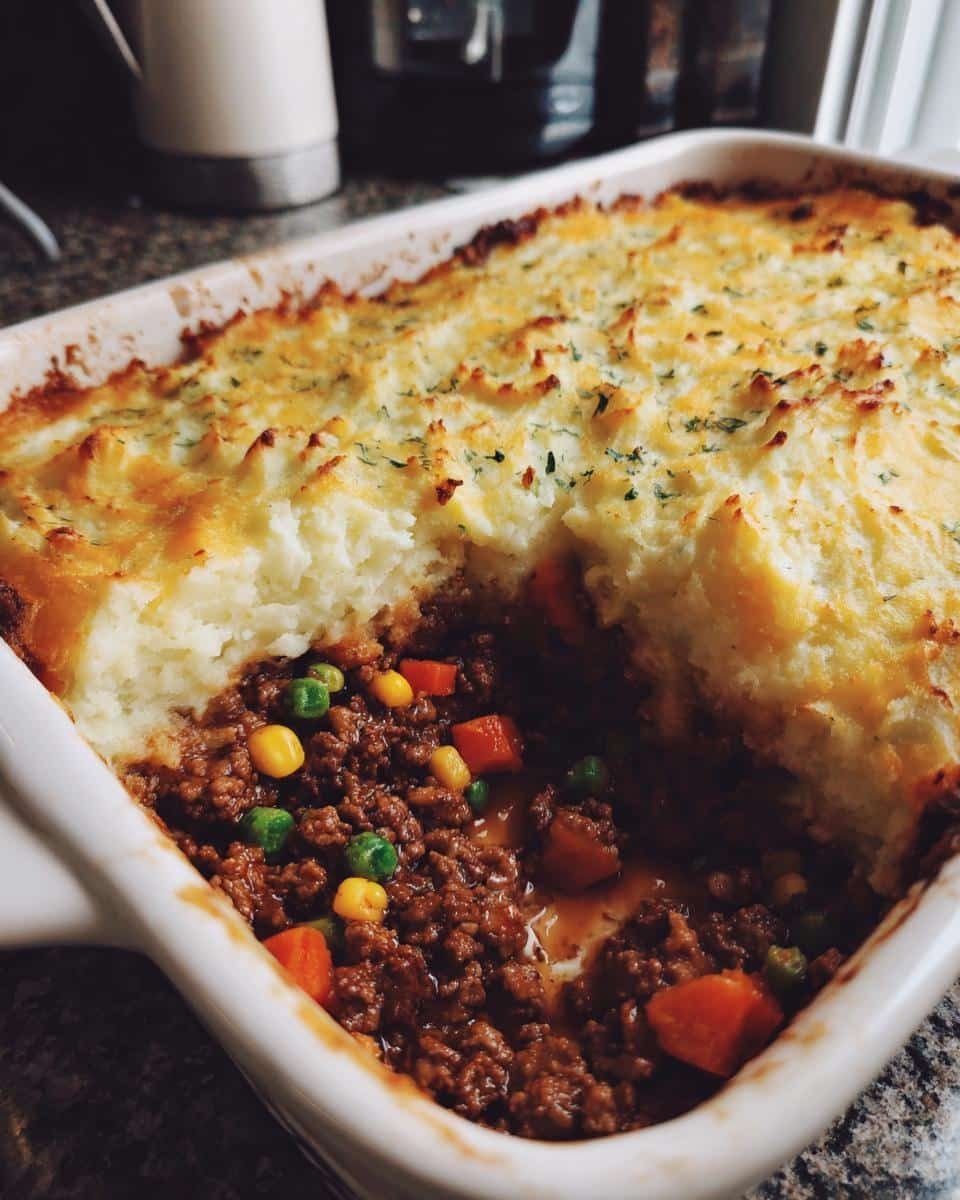 Healthy Shepherds Pie Recipe Easy: Deliciously Guilt-Free 6 Close-up of a healthy shepherds pie recipe easy in a baking dish, showing the filling and mashed potato topping.