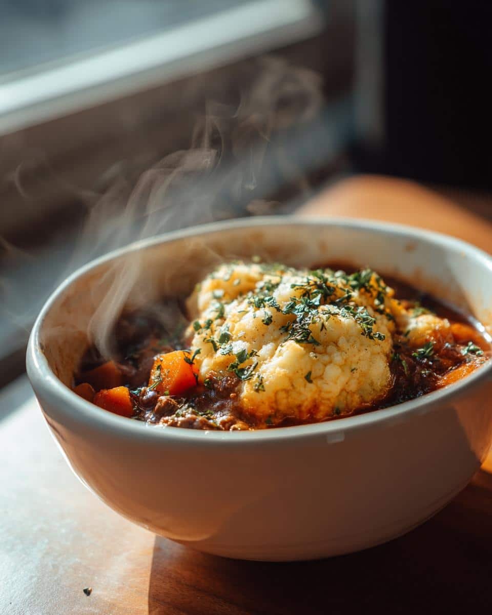 Healthy Shepherds Pie Soup: 1 Dish, Zero Guilt 6 Steaming bowl of healthy shepherds pie soup topped with mashed cauliflower and fresh herbs.