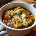 Close-up of healthy shepherds pie soup in a white bowl, topped with golden dumplings and fresh herbs.