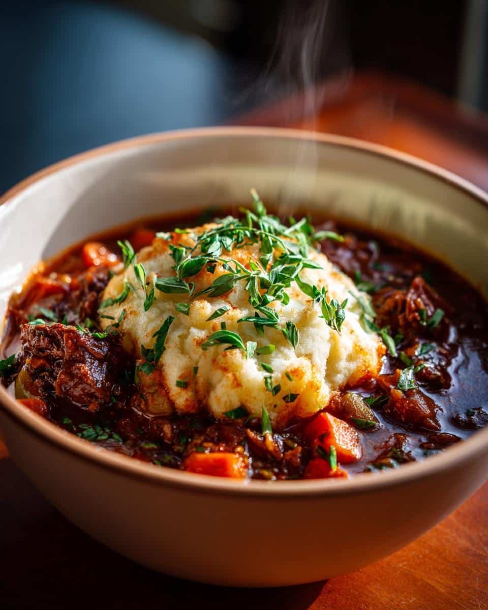 Healthy Shepherds Pie Soup: 1 Dish, Zero Guilt 7 Bowl of hearty healthy shepherds pie soup topped with mashed potatoes and fresh herbs.