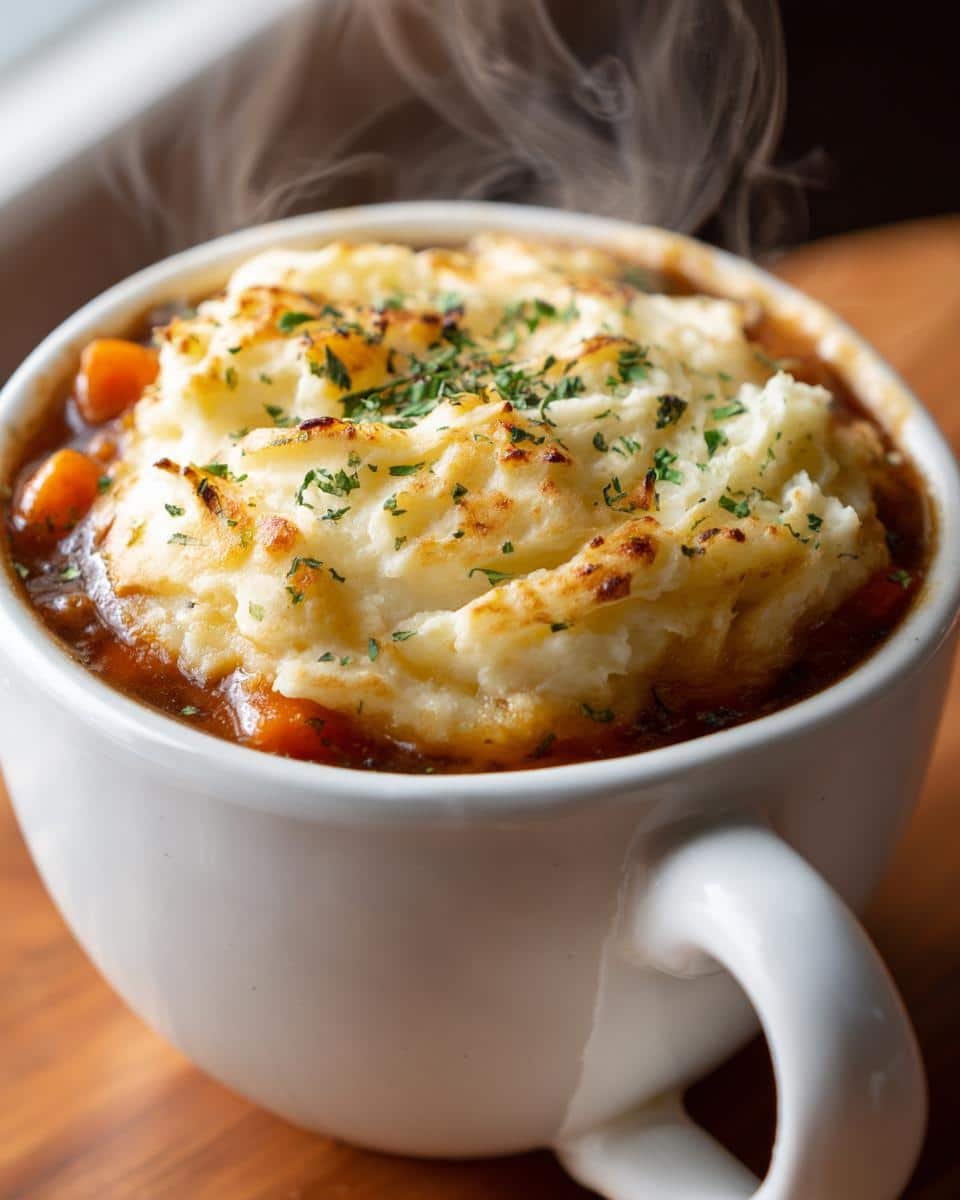 Healthy Shepherds Pie Soup: 1 Dish, Zero Guilt 8 A steaming bowl of healthy shepherds pie soup topped with mashed potatoes and parsley.