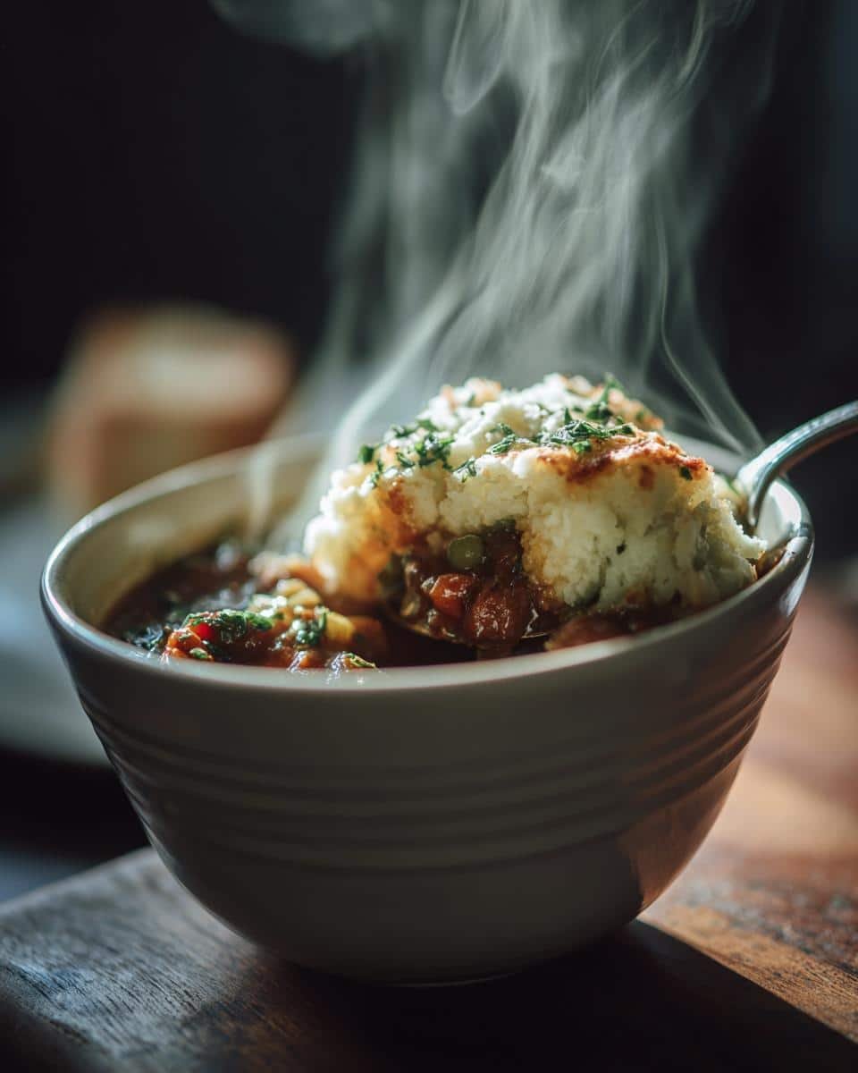 Healthy Shepherds Pie Soup: 1 Dish, Zero Guilt 9 Close-up of a bowl of steaming healthy shepherds pie soup with a spoonful being lifted, topped with mashed potatoes and herbs.